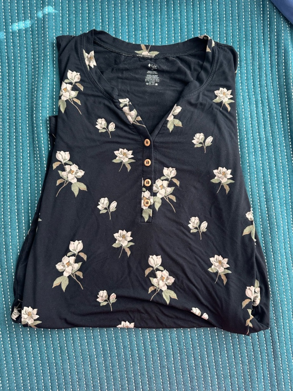 Kyte BABY Black Floral Henley Pajama Top with Cream Blossoms